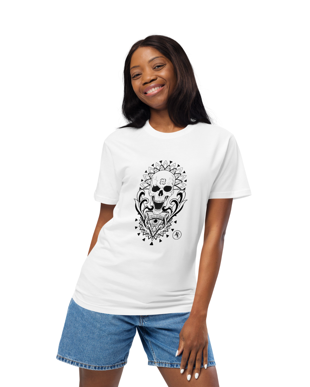 Unisex Skull organic cotton tee black print on light