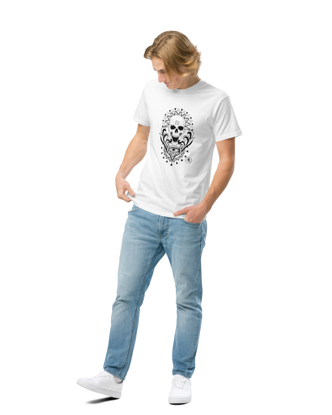 Unisex Skull organic cotton tee black print on light