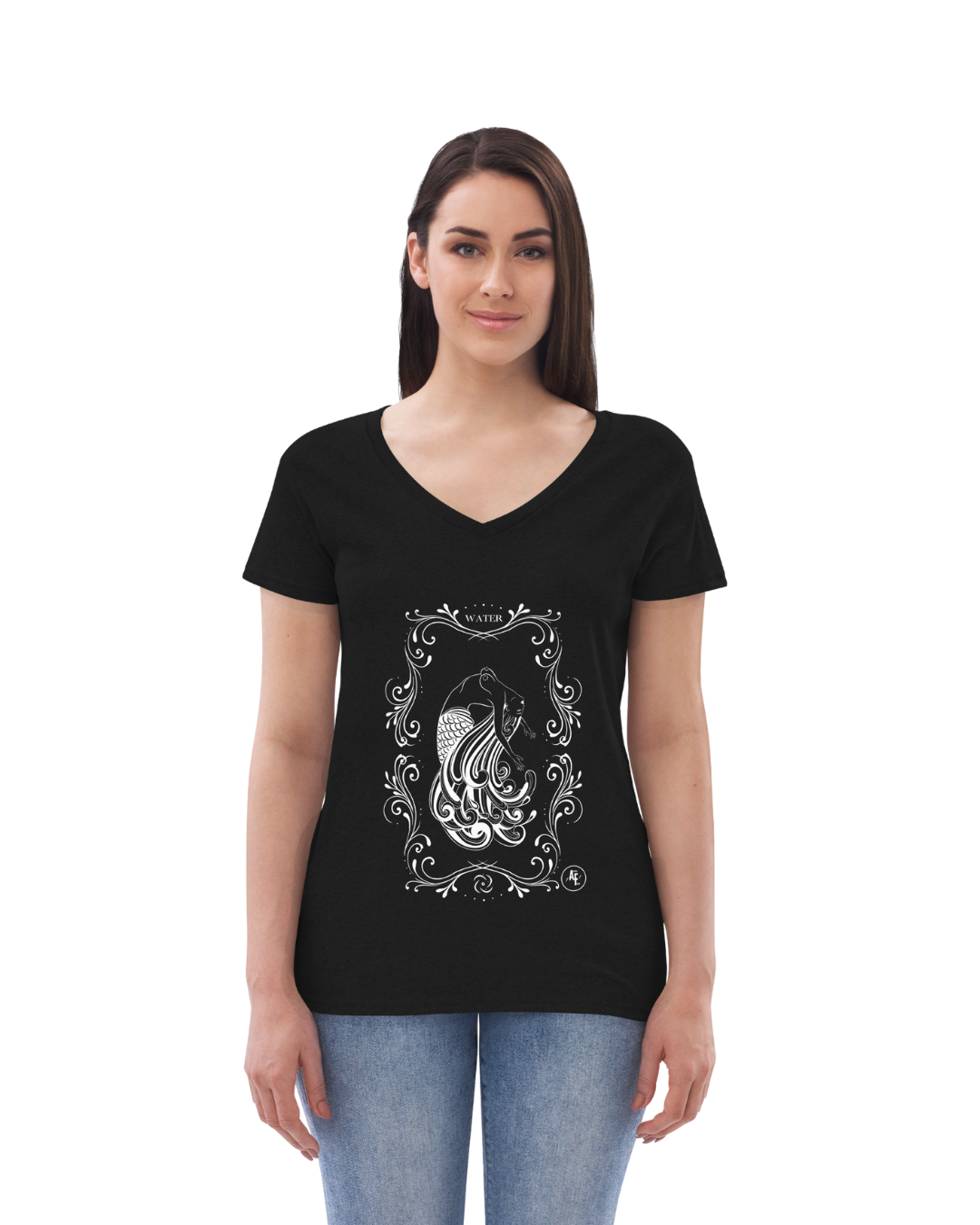 Women’s Water recycled v-neck t-shirt white print on dark t