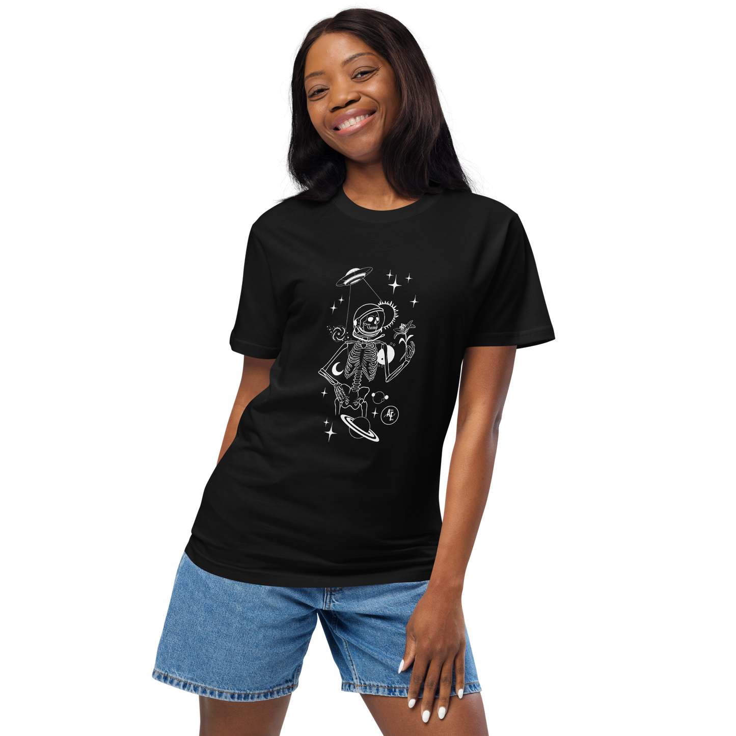 Unisex Space Skeleton organic cotton tee white print black t