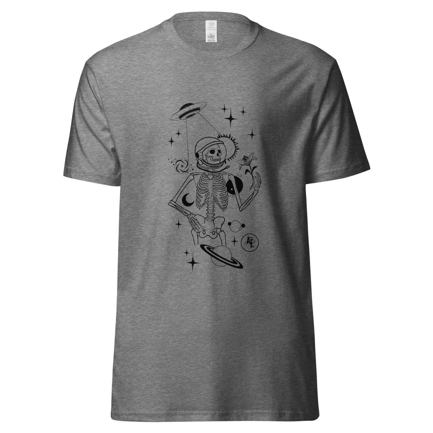 Unisex Space Skeleton organic cotton tee black print on light t