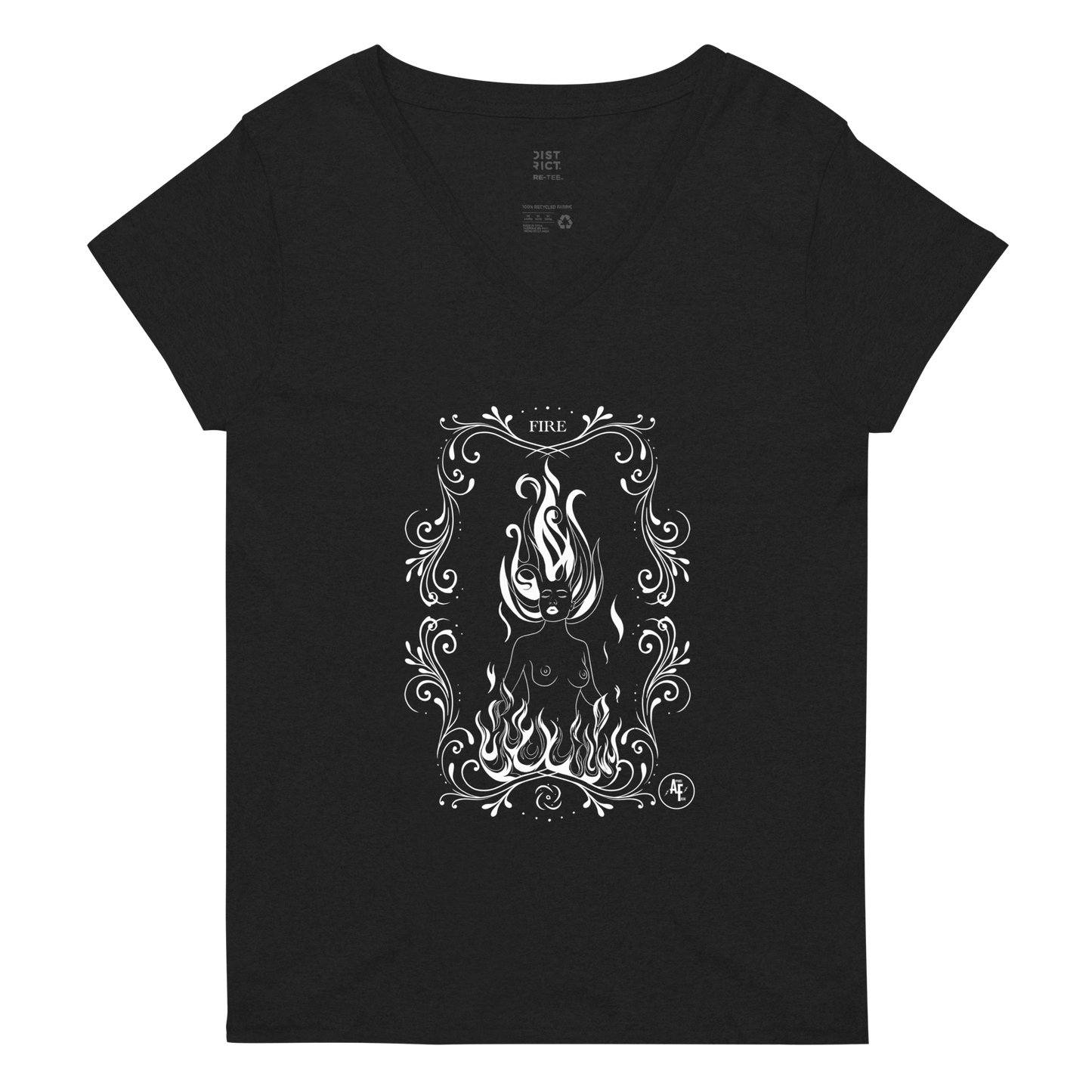 Women’s Fire recycled v-neck t-shirt white print on dark t