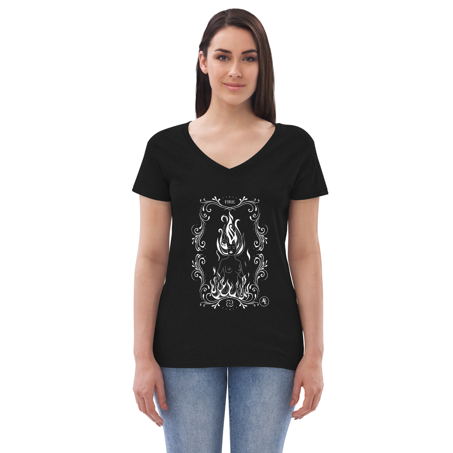 Women’s Fire recycled v-neck t-shirt white print on dark t