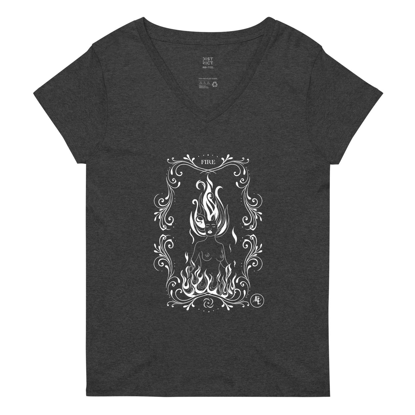 Women’s Fire recycled v-neck t-shirt white print on dark t