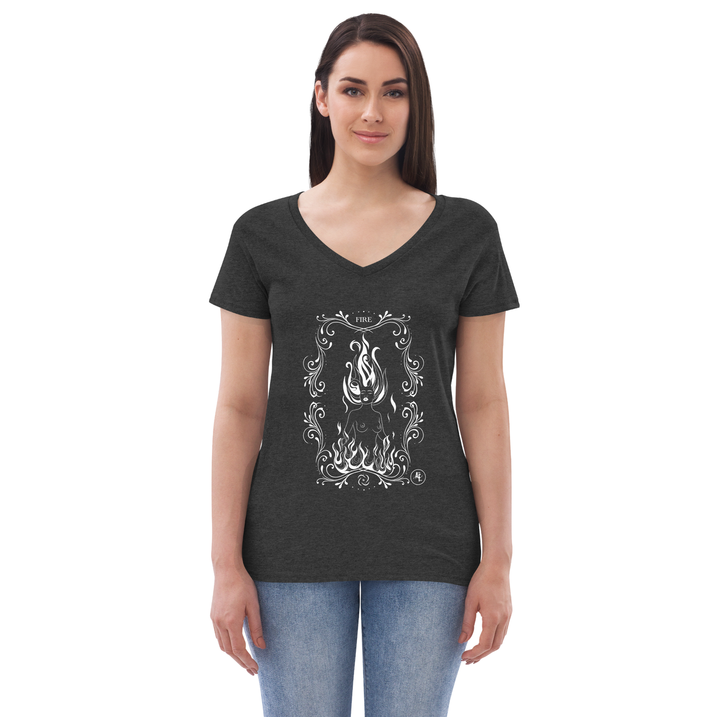 Women’s Fire recycled v-neck t-shirt white print on dark t