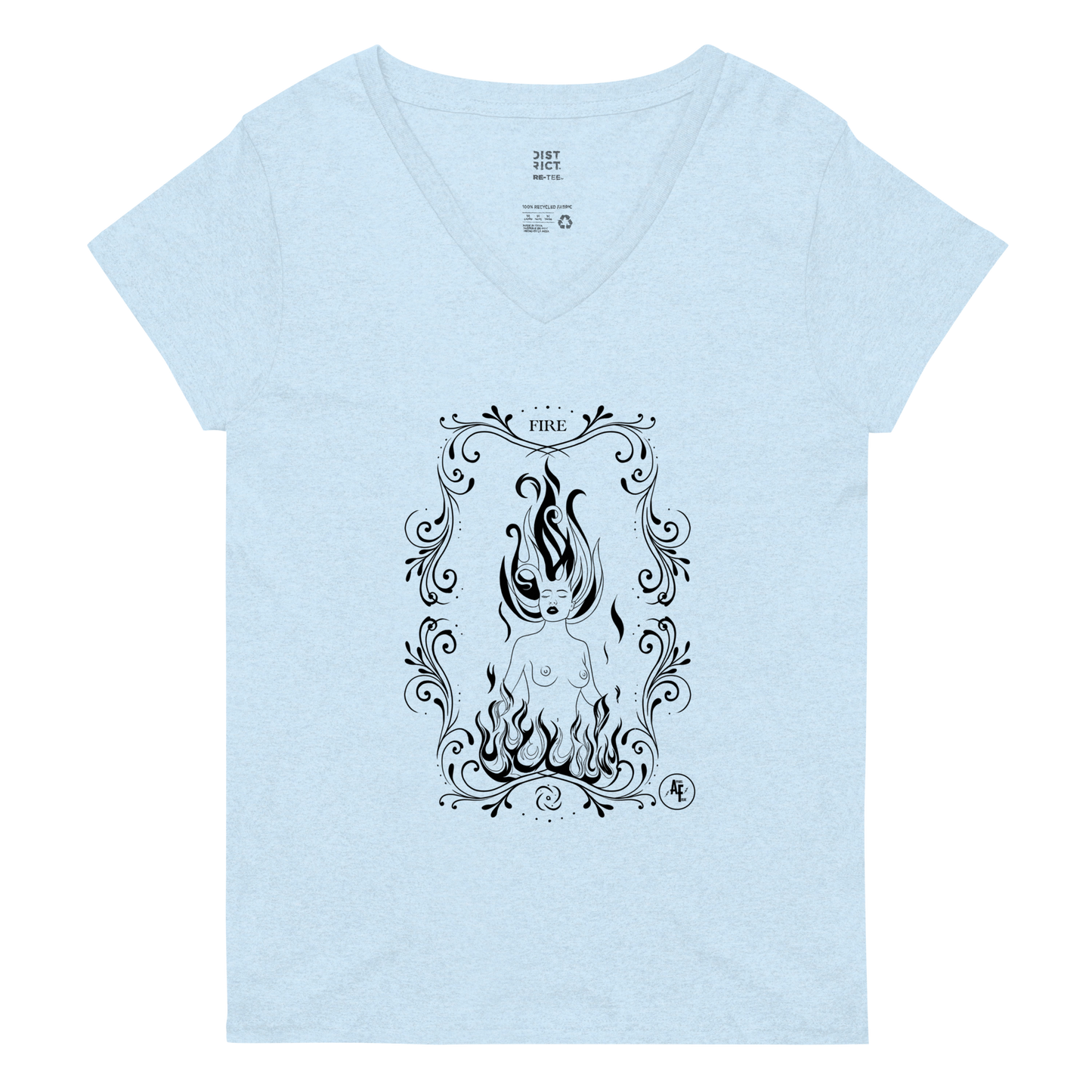 Women’s Fire recycled v-neck t-shirt black print on light t