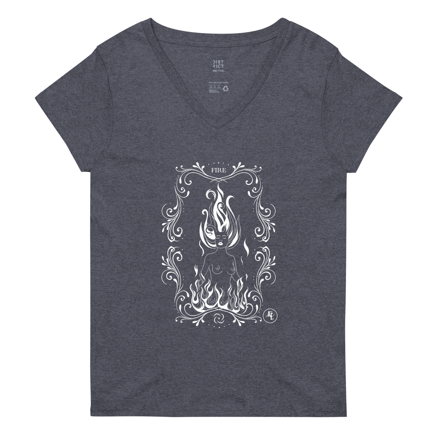 Women’s Fire recycled v-neck t-shirt white print on dark t