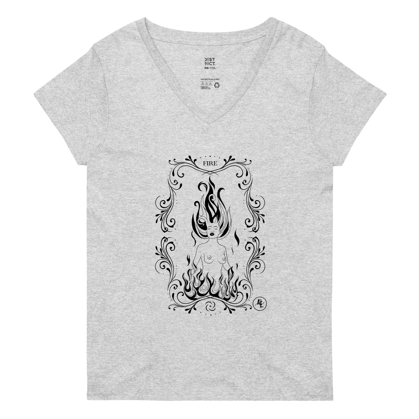 Women’s Fire recycled v-neck t-shirt black print on light t